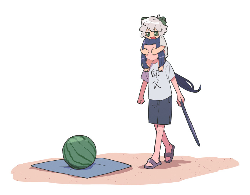 2boys animal_ears blue_shorts cat_ears covering_another's_eyes food fruit full_body highres luo_xiaohei luo_xiaohei_zhanji multiple_boys nploser open_mouth saliva sandles shirt short_sleeves shorts simple_background sitting_on_shoulder suikawari walking watermelon white_background white_hair white_shirt wuxian_(the_legend_of_luoxiaohei)