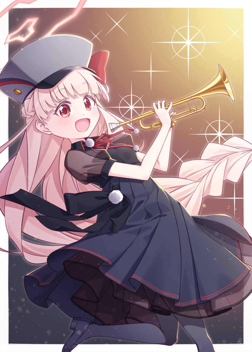 1girl :d black_dress black_footwear black_pantyhose blue_archive braid collared_dress commentary_request dress grey_headwear halo harada_(sansei_rain) hat highres holding holding_instrument instrument light_brown_hair long_hair looking_at_viewer neck_ribbon nodoka_(blue_archive) pantyhose peaked_cap pleated_dress puffy_short_sleeves puffy_sleeves red_eyes red_ribbon ribbon see-through see-through_sleeves shoes short_sleeves single_braid sleeveless sleeveless_dress smile solo standing standing_on_one_leg trumpet very_long_hair