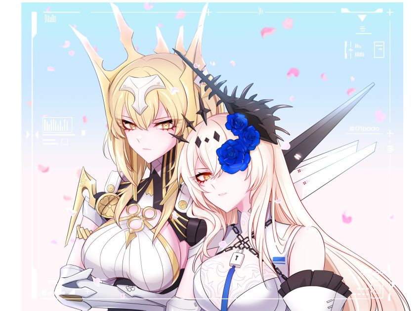 01pado_pado 2girls alpha_(punishing:_gray_raven) armlet blonde_hair blue_flower blue_rose breasts chain closed_mouth conch crown detached_sleeves dress flower flower_over_eye forehead_protector frilled_sleeves frills grey_hair hair_between_eyes hair_flower hair_ornament highres jewelry large_breasts lock long_hair lucia:_crimson_abyss_(apocalyptic_cyan)_(punishing:_gray_raven) lucia:_crimson_abyss_(punishing:_gray_raven) mechanical_arms mechanical_wings medium_breasts multiple_girls padlock parted_lips punishing:_gray_raven red_eyes rose rosetta:_rigor_(howing_crown)_(punishing:_gray_raven) rosetta:_rigor_(punishing:_gray_raven) rosetta_(punishing:_gray_raven) shell_hair_ornament shirt sidelocks very_long_hair white_dress white_shirt white_sleeves wings yellow_eyes