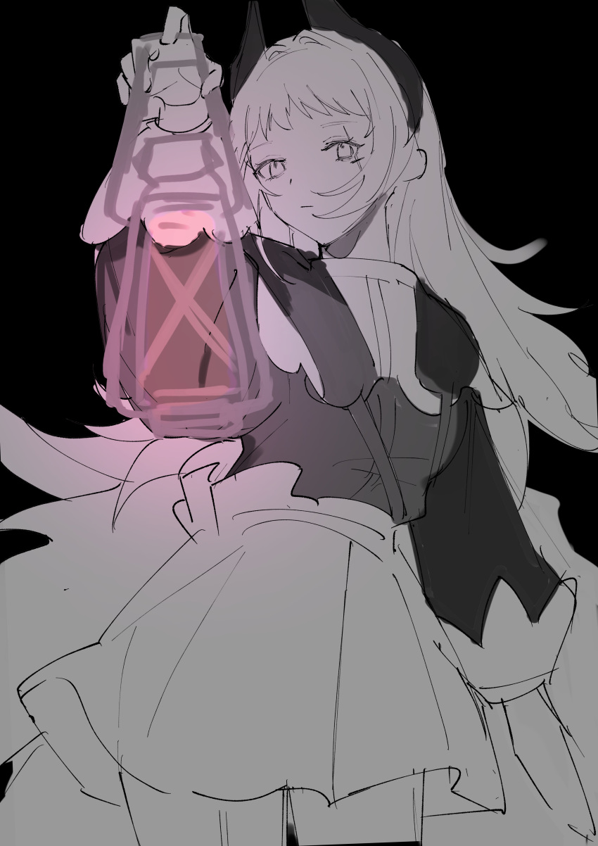 1girl absurdres arknights arm_up black_background closed_mouth gloves greyscale highres holding holding_lantern inu_to_milk irene_(arknights) lantern long_hair long_sleeves monochrome puffy_long_sleeves puffy_sleeves shirt simple_background sketch skirt solo very_long_hair