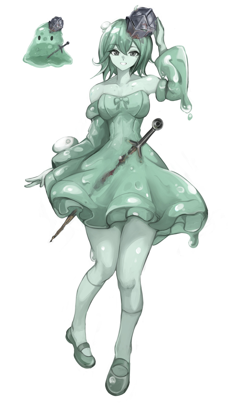 1girl absurdres aokuma_(yuuran_create) collarbone colored_skin detached_sleeves dress full_body green_dress green_eyes green_hair green_skin hat helmet highres looking_at_viewer mini_hat monster_girl original short_hair slime_(substance) slime_girl solo sword weapon white_background