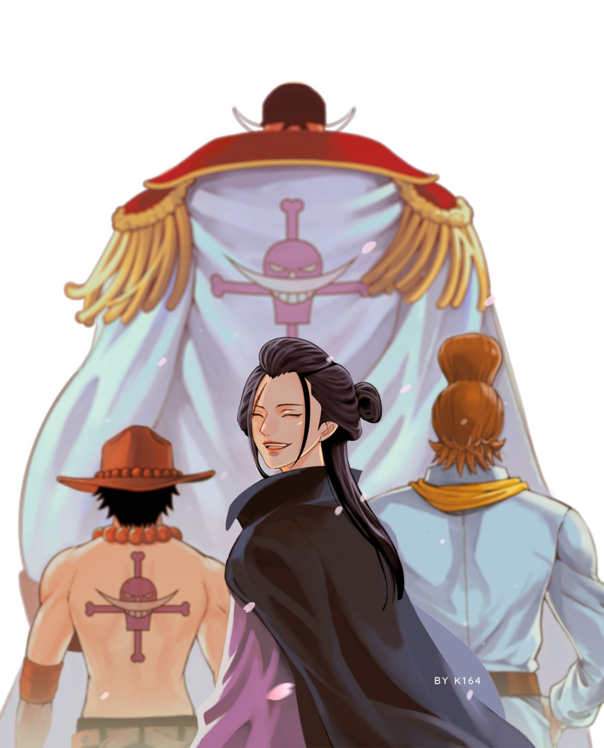 4boys androgynous back_tattoo birthday black_hair cherry_blossoms edward_newgate facing_viewer from_behind hat height_difference highres izou_(one_piece) k164 long_hair male_focus multiple_boys one_piece petals portgas_d._ace scar scar_on_face scar_on_forehead smile solo_focus tattoo thatch topless_male turning_around walking_away