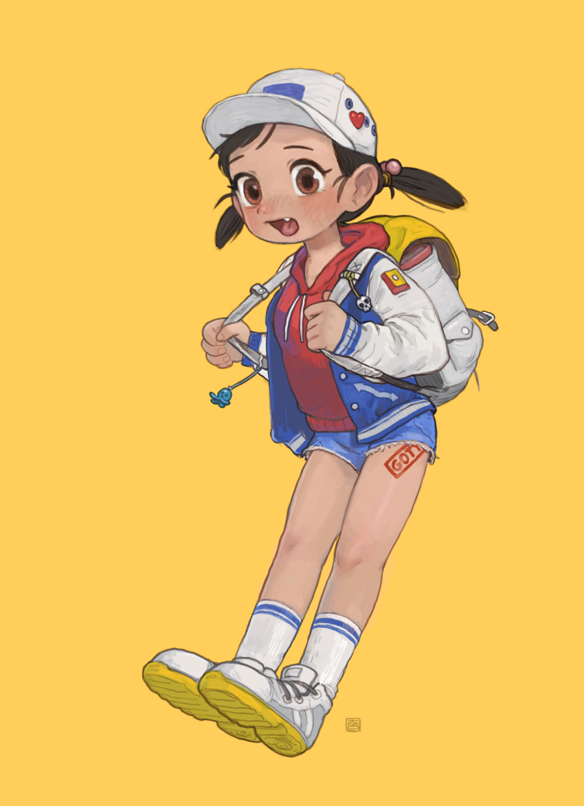 1girl backpack bag black_hair brown_eyes child duffel_bag full_body hair_ornament highres holding_strap jacket open_mouth opossumachine original shorts simple_background socks twintails white_footwear white_socks yellow_background