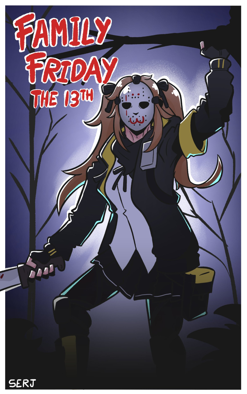 1girl absurdres artist_name cosplay english_text fingerless_gloves friday_the_13th girls_frontline gloves halloween_costume highres hockey_mask holding holding_weapon jason_voorhees jason_voorhees_(cosplay) long_hair looking_at_viewer machete mask serjatronic solo ump9_(girls'_frontline) weapon