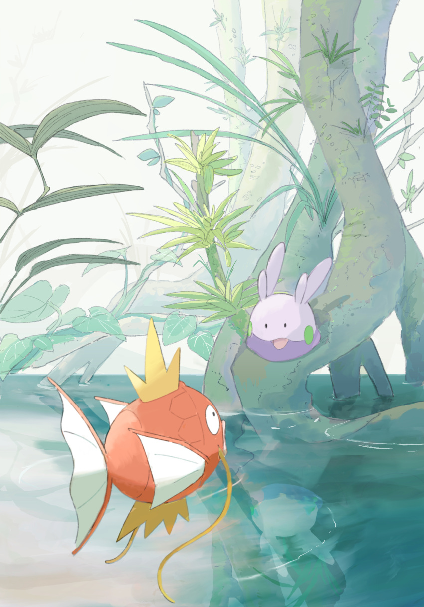 animal_focus black_eyes fish goomy highres leaf looking_at_another magikarp momota_pix no_humans open_mouth outdoors plant pokemon pokemon_(creature) reflection reflective_water ripples solid_oval_eyes tree water whiskers