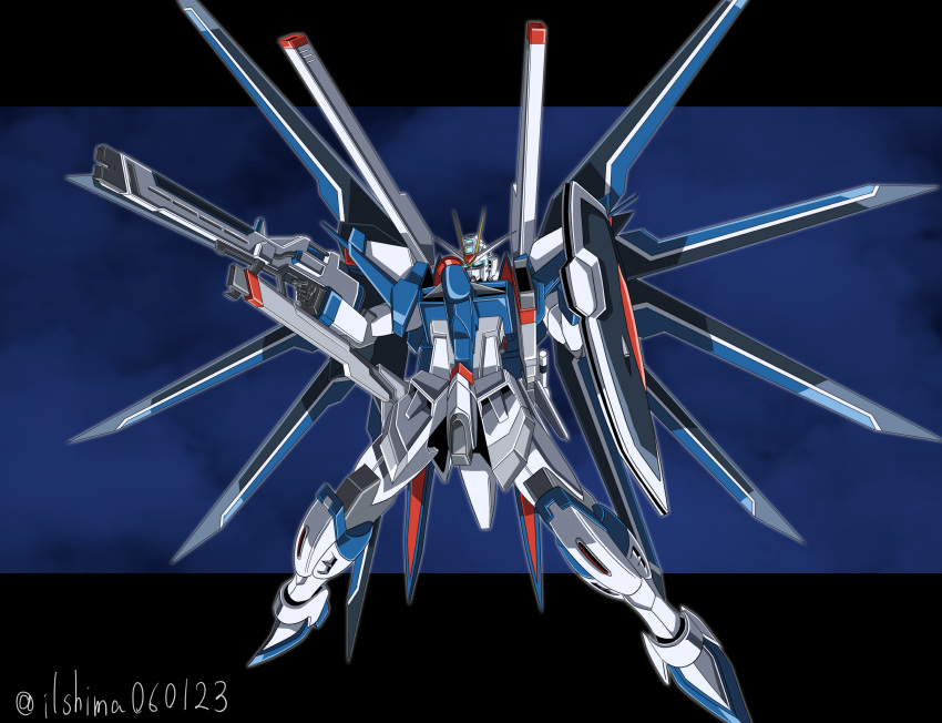 absurdres aqua_eyes beam_cannon beam_rifle blue_background commentary energy_gun full_body glowing glowing_eyes gun gundam gundam_seed gundam_seed_freedom highres holding holding_gun holding_shield holding_weapon mecha mobile_suit no_humans rising_freedom_gundam robot science_fiction shield shimashun twitter_username v-fin weapon
