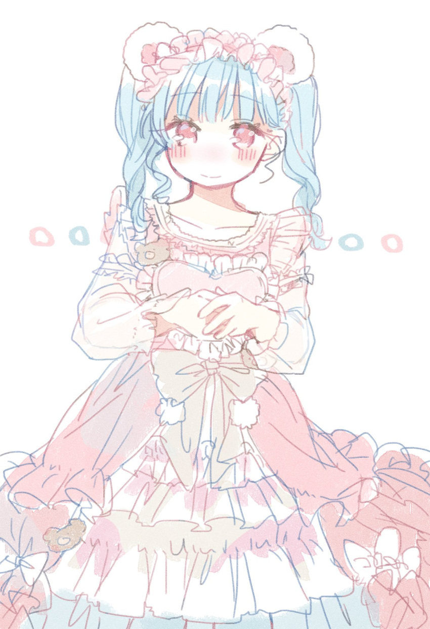 1girl blue_hair blush cha_ipride closed_mouth collarbone commentary_request dress frilled_dress frills heart highres hyodou_shizuku idoly_pride long_sleeves looking_at_viewer own_hands_together puffy_long_sleeves puffy_sleeves red_eyes simple_background sketch smile solo twintails white_background white_dress