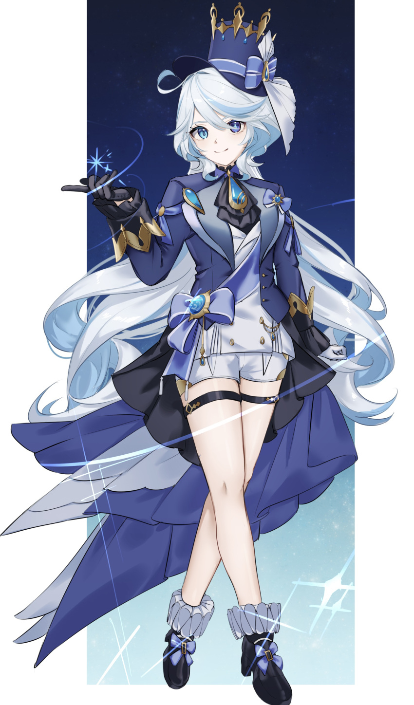 1girl absurdres ascot black_ascot black_footwear black_gloves blue_bow blue_eyes blue_gemstone blue_headwear blue_jacket border bow closed_mouth floating_hair full_body furina_(genshin_impact) gem genshin_impact gloves hair_between_eyes hat hat_bow heterochromia highres jacket long_hair long_sleeves looking_at_viewer open_clothes open_jacket oyasumi_(oyasumign8) pillarboxed short_shorts shorts smile solo standing thigh_strap very_long_hair white_border white_hair white_shorts