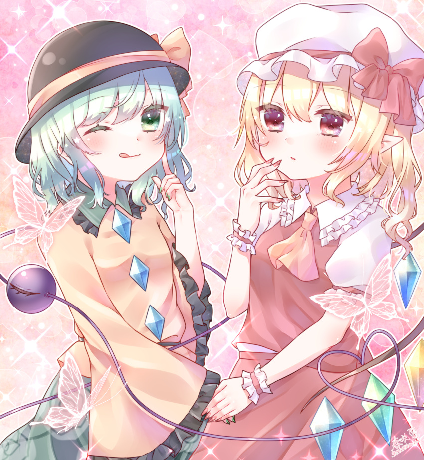 2girls ;q absurdres ascot back_cutout black_headwear blonde_hair blouse blush bow breasts clothing_cutout cowboy_shot flandre_scarlet floral_print frilled_shirt_collar frilled_sleeves frills green_eyes green_hair green_nails green_skirt hair_between_eyes hat hat_bow hat_ribbon heart heart_of_string highres holding_hands komeiji_koishi long_sleeves looking_at_viewer medium_hair mob_cap multicolored_wings multiple_girls nail_polish one_eye_closed one_side_up pink_background pointing pointing_at_self pointy_ears print_skirt puffy_short_sleeves puffy_sleeves red_bow red_eyes red_nails red_ribbon red_skirt red_vest ribbon rose_print shirt short_sleeves skirt skirt_set sleeve_ribbon small_breasts third_eye tongue tongue_out touhou transparent_butterfly vest white_headwear white_shirt wide_sleeves wings wrist_cuffs yellow_ascot yellow_bow yellow_ribbon yellow_shirt yuu_(ayatakasan)