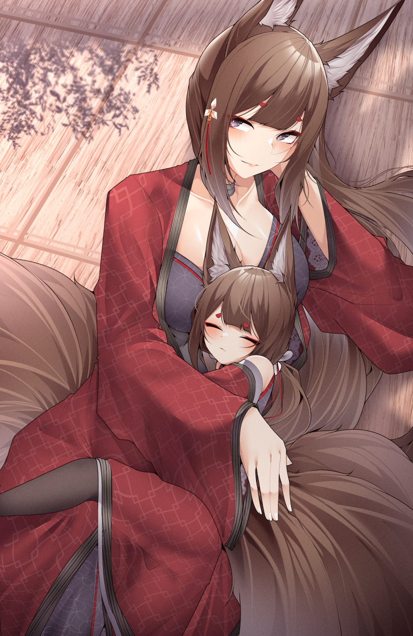 2girls absurdres amagi-chan_(azur_lane) amagi_(azur_lane) animal_ears azur_lane bare_shoulders between_legs blush breasts brown_hair closed_eyes cuddling eyeshadow fox_ears fox_girl fox_tail from_above hair_between_eyes hair_ornament hairpin hand_on_another's_back hand_on_own_cheek hand_on_own_face hand_up head_on_chest highres hug japanese_clothes kimono kitsune large_breasts leg_up long_hair long_sleeves looking_at_viewer looking_up lying makeup multiple_girls multiple_tails off_shoulder on_floor on_side pantyhose red_eyeshadow red_kimono samip sleeping sleeping_on_person smile tail tatami thigh-highs very_long_hair violet_eyes wide_sleeves