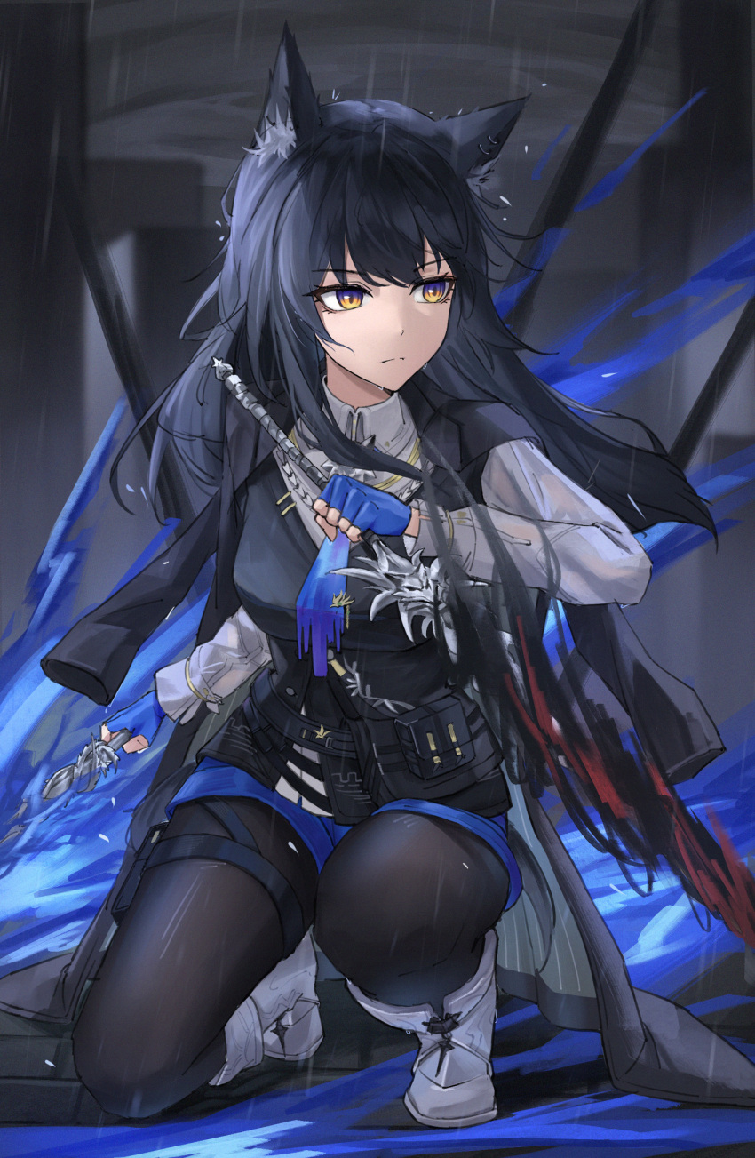 1girl animal_ears arknights black_hair black_jacket black_pantyhose blue_gloves blue_shorts boots closed_mouth dual_wielding fingerless_gloves fox_ears frown gloves grey_footwear grey_shirt highres holding holding_weapon jacket long_hair long_sleeves on_one_knee outdoors pantyhose pantyhose_under_shorts rain shirt shizukugu03 short_shorts shorts slit_pupils solo sword texas_(arknights) weapon wet wet_clothes wet_shirt yellow_eyes
