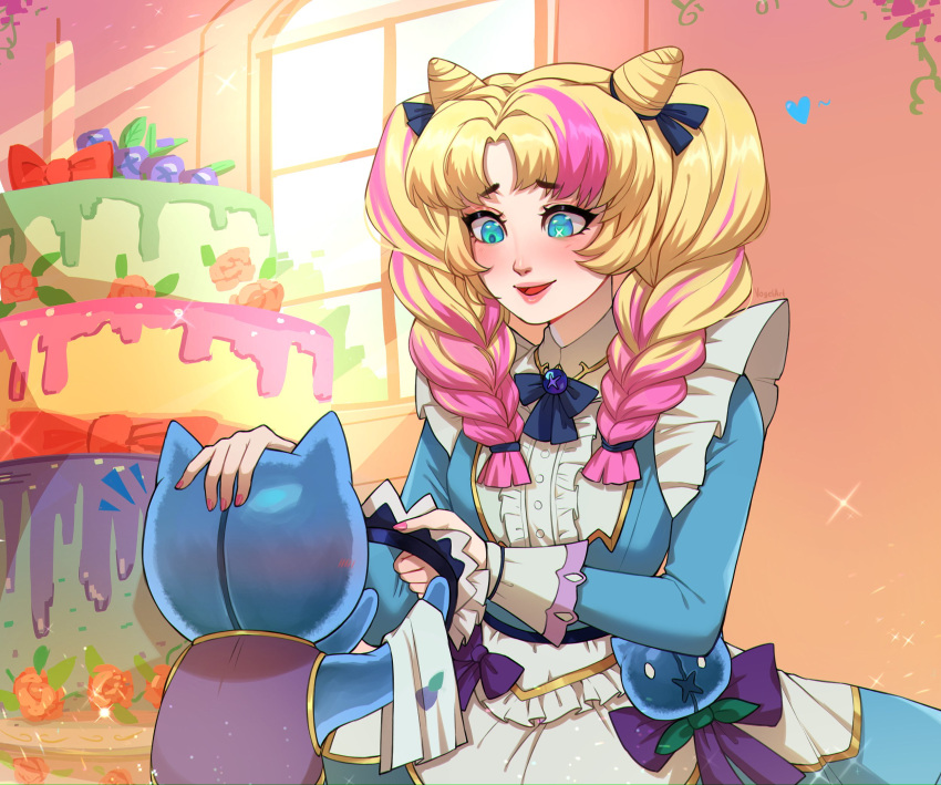 1girl :d apron black_bow black_bowtie black_ribbon blonde_hair bow bowtie braid cafe_cuties_gwen cake commission cone_hair_bun cowboy_shot dress dress_shirt food frilled_shirt frills gem green_dress gwen_(league_of_legends) hair_bun hair_ribbon highres indoors league_of_legends long_sleeves maid_headdress multicolored_hair nail_polish no_hair_ornament open_mouth parted_bangs pink_hair pink_vest ribbon shirt smile solo stuffed_animal stuffed_cat stuffed_toy twin_braids two-tone_hair vest vogel_(itsvogelart) white_apron window