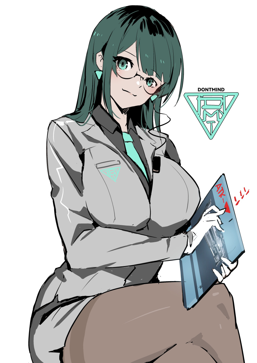 1girl absurdres allmind_(armored_core_6) armored_core armored_core_6 black_hair black_shirt blunt_bangs crossed_legs earrings glass grey_suit han_megumi highres holding holding_tablet_pc jewelry las91214 long_hair office_lady original pencil_skirt shirt sitting skirt suit tablet_pc voice_actor