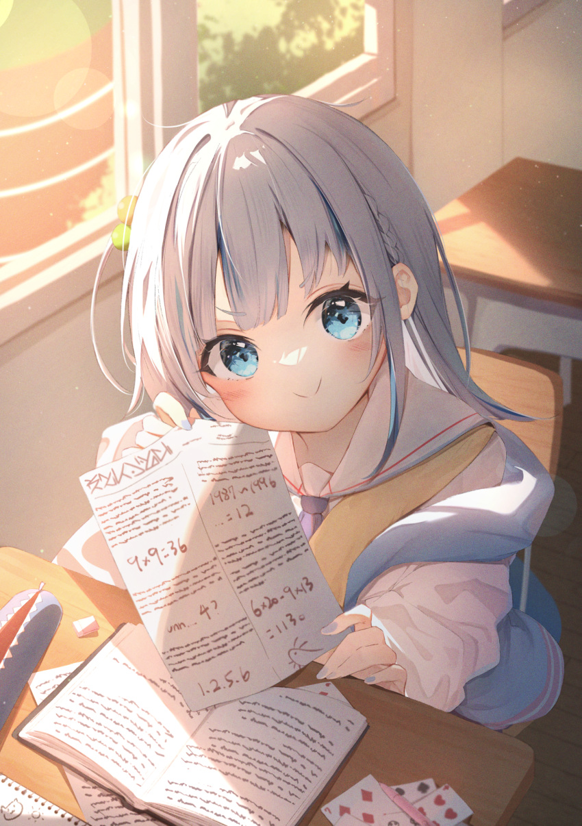 1girl :&gt; blue_eyes blue_hair blue_jacket blue_nails blue_necktie blush braid bush card chair classroom closed_mouth collared_shirt commentary_request desk eraser evening fingernails gawr_gura gawr_gura_(school_uniform) grey_hair hair_bobbles hair_ornament head_tilt highres holding holding_paper hololive hololive_english indoors jacket lens_flare long_hair long_sleeves looking_at_viewer mechanical_pencil multicolored_hair nail_polish necktie notebook off_shoulder official_alternate_costume open_clothes open_jacket paper pencil pencil_case playing_card running_track sailor_collar school_chair school_desk school_uniform seboneko shade shirt side_braid sitting smile solo streaked_hair sunlight test v-shaped_eyebrows vest virtual_youtuber white_sailor_collar white_shirt window wooden_floor yellow_vest