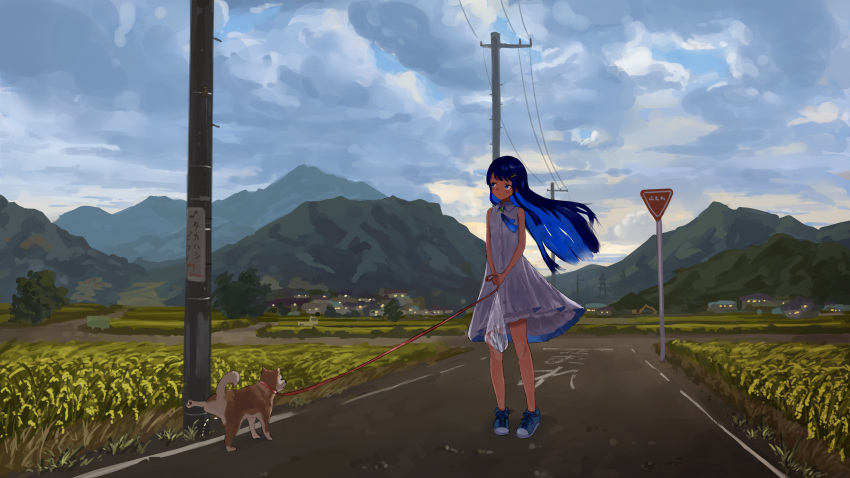 1girl absurdres bag black_hair black_ribbon blue_dress blue_eyes blue_footwear blue_hair blue_ribbon blush cevio city_lights closed_mouth clouds cloudy_sky colored_inner_hair dress expressionless field floating_hair futaba_minato gradient_neck_ribbon hair_ornament hairclip highres holding holding_bag holding_leash layered_dress leash looking_to_the_side mountainous_horizon multicolored_hair outdoors own_hands_together pet_walking ribbon road road_sign scenery shiba_inu shiyomifu shoes sign single_sidelock sky sleeveless sleeveless_dress sneakers solo standing stop_sign sundress town translation_request transmission_tower trowel two-tone_dress utility_pole v_arms white_dress wide_shot