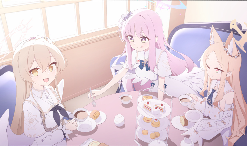 3girls blonde_hair blue_archive cake cake_slice capelet closed_mouth cup detached_sleeves dress flower food fork hair_between_eyes hair_bun hair_flower hair_ornament halo highres holding holding_cup holding_fork light_brown_hair long_hair long_sleeves mika_(blue_archive) multiple_girls nagisa_(blue_archive) one_eye_closed open_mouth pink_hair pink_halo purple_flower quarterlift seia_(blue_archive) single_side_bun smile tea_party_(blue_archive) tongue tongue_out white_capelet white_dress yellow_eyes yellow_halo