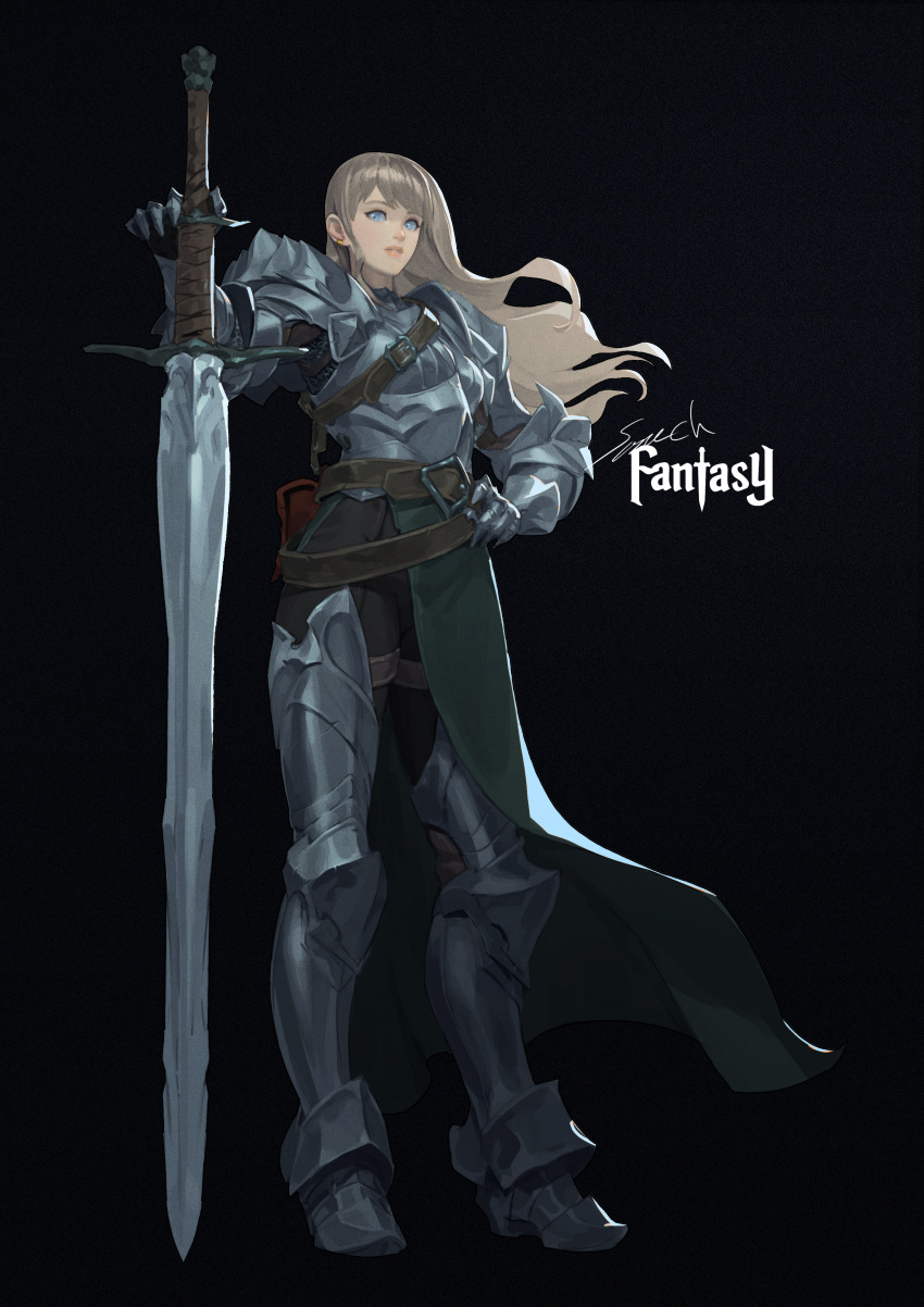 1girl absurdres armor black_background blue_eyes full_body hand_on_own_hip highres holding holding_sword holding_weapon knight light_brown_hair long_hair original solo sonech standing sword weapon