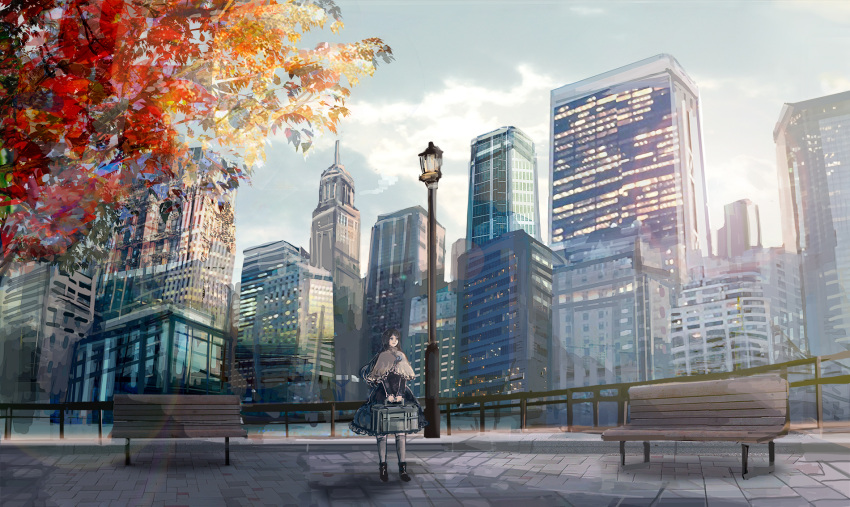 1girl bench black_dress black_hair building capelet city clouds cloudy_sky commentary day dress grey_capelet highres holding lamppost long_hair original outdoors scenery sky skyscraper solo tree very_wide_shot yamaneko8686