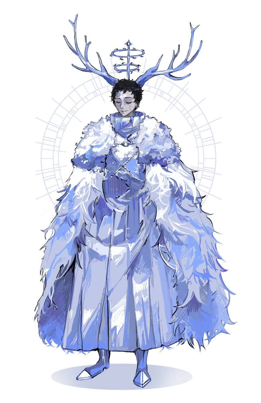 1boy absurdres antlers black_clover black_hair cape closed_eyes closed_mouth collared_robe facial_mark forehead_mark full_body fur_cape halo high_collar highres light_smile lucius_zogratis male_focus poonwip robe short_hair simple_background white_background white_robe