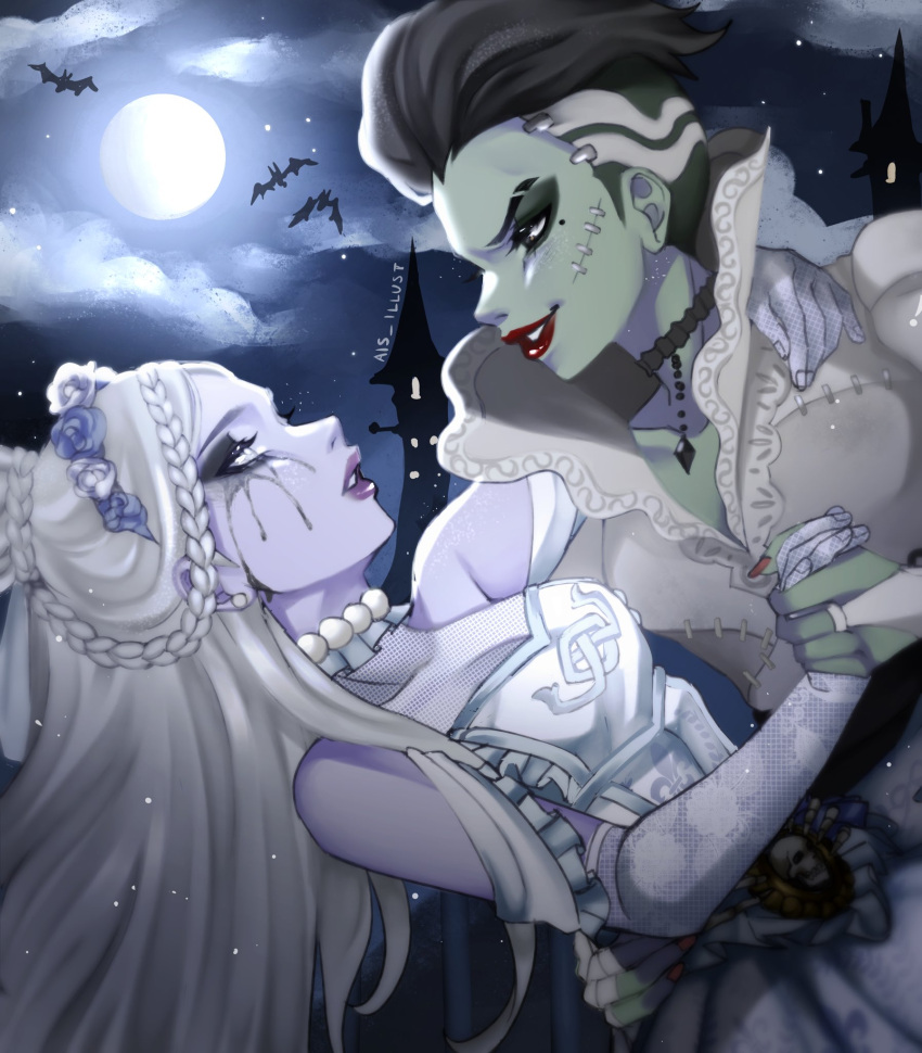2girls ais_illust bat_(animal) black_hair black_tears bride castle choker clouds colored_skin cosplay dancing dried_tears frankenstein's_monster frankenstein's_monster_(cosplay) full_moon green_skin halloween highres jewelry lipstick makeup mascara moon multiple_girls necklace night night_sky pearl_necklace purple_skin red_lips sky sombra_(overwatch) stitched_face stitches tears undead white_hair widowmaker_(overwatch)