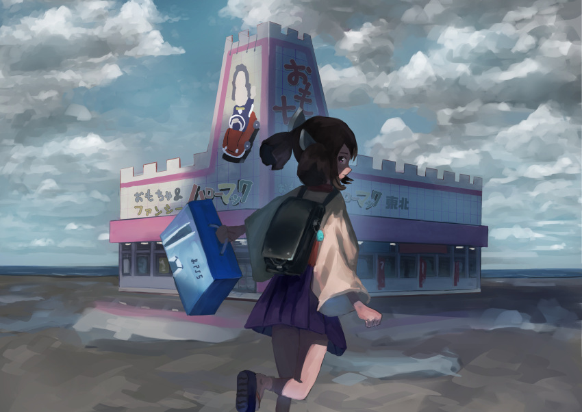 1girl absurdres backpack bag bag_charm beach black_bag blade blue_sky box brown_hair building charm_(object) closed_mouth clouds cloudy_sky commentary day floating_hair foot_out_of_frame from_behind game_console headgear hello_mac_lion highres holding holding_box horizon japanese_clothes kimono looking_back medium_hair ocean okobo omocha_no_hello_mac outdoors playstation_5 pleated_skirt puddle purple_skirt randoseru reflection reflective_water shade shiyomifu short_kimono short_twintails skirt sky smile socks solo standing standing_on_one_leg surreal touhoku_kiritan twintails violet_eyes voiceroid white_kimono white_socks