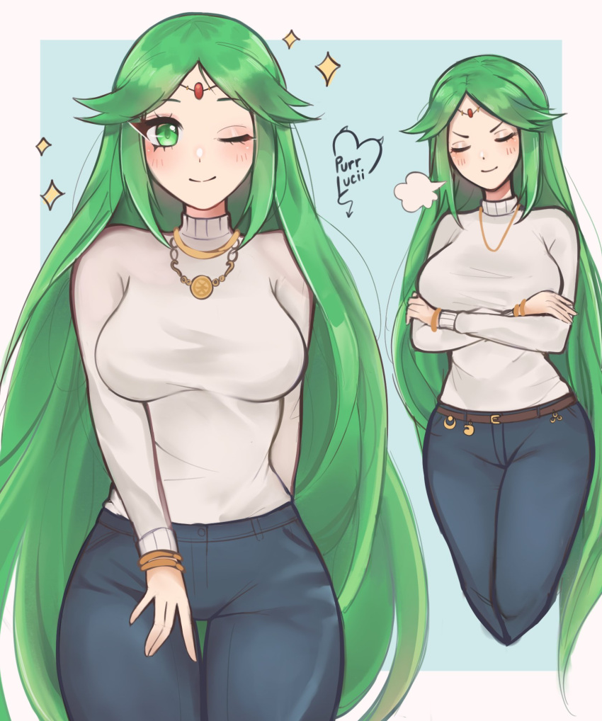 1girl alternate_costume blush breasts circlet closed_eyes crossed_arms denim forehead_jewel green_eyes green_hair grey_shirt highres jeans jewelry kid_icarus kid_icarus_uprising large_breasts long_hair long_sleeves necklace one_eye_closed palutena pants parted_bangs purrlucii shirt solo v-shaped_eyebrows very_long_hair white_shirt