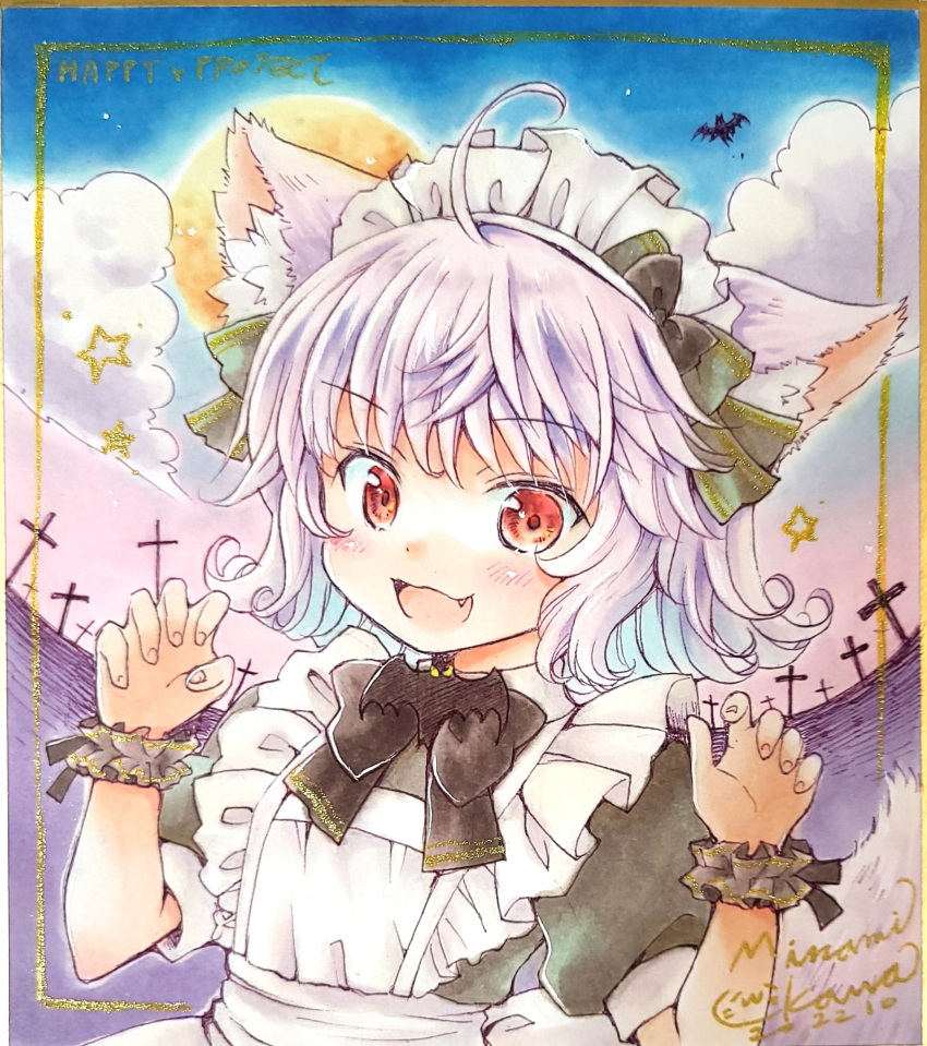 1girl ahoge animal_ears apron artist_name bat_(animal) bat_ornament black_bow black_bowtie black_dress bow bowtie circle_name claw_pose clouds cloudy_sky commentary dated dress fang frilled_apron frills full_moon graveyard grey_hair halloween highres looking_at_viewer maid_headdress marker_(medium) minami_kawa moon night night_sky open_mouth original outdoors puffy_short_sleeves puffy_sleeves red_eyes scrunchie short_hair short_sleeves signature sky smile solo traditional_media upper_body white_apron wolf_ears wrist_scrunchie