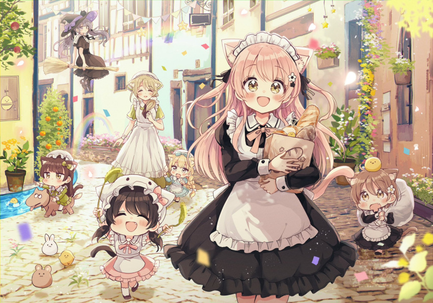 6+girls :d ^_^ animal_ears apron bag baguette black_dress black_footwear black_hair black_headwear blue_bow blush bow bread broom broom_riding brown_eyes brown_hair building cat_ears cat_tail cat_teaser closed_eyes collared_dress commentary_request confetti door dress fang flower food frilled_apron frilled_dress frills green_bow green_dress hair_bow hair_over_shoulder hat head_scarf highres holding holding_bag holding_sack juliet_sleeves long_hair long_sleeves low_twintails maid maid_apron maid_headdress mini_person minigirl mob_cap multiple_girls original outdoors paper_bag pennant pink_dress pink_flower pink_hair puffy_sleeves purple_flower rainbow riding sack sakura_oriko shoes smile star_(symbol) string_of_flags tail twintails two_side_up very_long_hair white_apron white_flower white_headwear window witch_hat yellow_flower