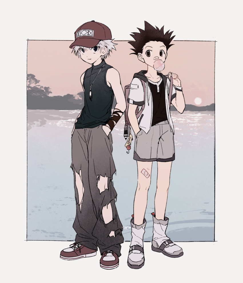 2boys backpack bag bandaid bandaid_on_face bandaid_on_leg bandaid_on_nose baseball_cap black_eyes black_hair black_pants bubble_blowing closed_mouth full_body gon_freecss grey_hair grey_shorts hand_in_pocket hat highres hunter_x_hunter jewelry kiko killua_zoldyck male_focus multiple_boys necklace pants red_headwear shirt shoes short_sleeves shorts sleeveless spiky_hair standing torn_clothes torn_pants