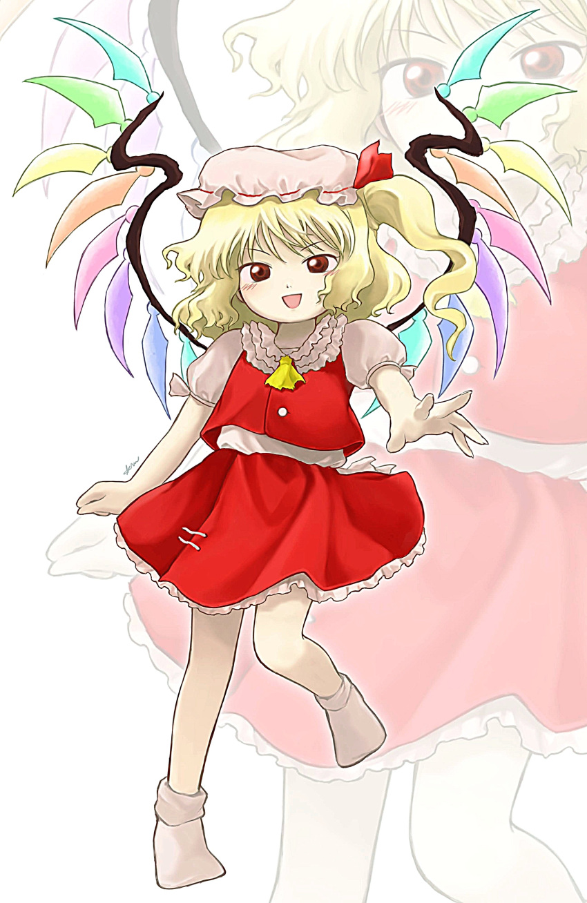1girl :d absurdres ascot blonde_hair commentary crystal flandre_scarlet full_body hat hat_ribbon hayakumo_(okura_oishiiii) highres looking_at_viewer medium_hair mob_cap one_side_up open_mouth parody rainbow_gradient red_eyes red_ribbon red_vest ribbon shirt smile socks solo style_parody symbol-only_commentary touhou vest white_headwear white_shirt wings yellow_ascot zoom_layer zun_(style)