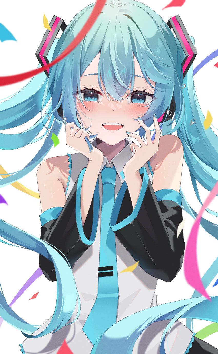1girl :d absurdres aur_hkgn black_sleeves blue_eyes blue_hair blue_necktie blurry blurry_foreground collared_shirt detached_sleeves floating_hair hair_between_eyes hair_ornament happy_tears hatsune_miku highres holding holding_hair long_hair long_sleeves looking_at_viewer necktie open_mouth red_ribbon ribbon shirt sleeveless sleeveless_shirt smile solo tears twintails very_long_hair vocaloid white_shirt wing_collar