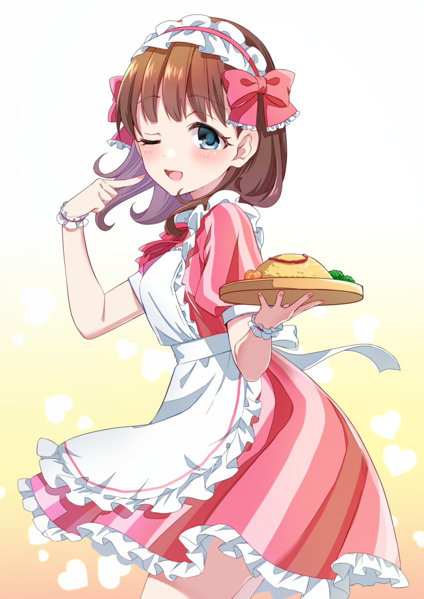 1girl apron blue_eyes blush bow bowtie breasts brown_hair dot_nose dress fingers_to_mouth food frilled_apron frilled_dress frilled_ribbon frills from_side gradient_background hair_bow hair_ribbon hands_up headband heart heart_background highres holding holding_tray idolmaster idolmaster_cinderella_girls idolmaster_cinderella_girls_starlight_stage index_finger_raised looking_at_viewer medium_breasts nail_polish omelet omurice one_eye_closed open_mouth pink_dress pink_nails pink_ribbon puffy_short_sleeves puffy_sleeves red_bow red_bowtie ribbon sakuma_mayu scrunchie short_hair short_sleeves smile solo standing striped striped_dress tottoto_tomekichi tray waist_apron waist_bow white_apron white_bow white_headband wrist_scrunchie yellow_background