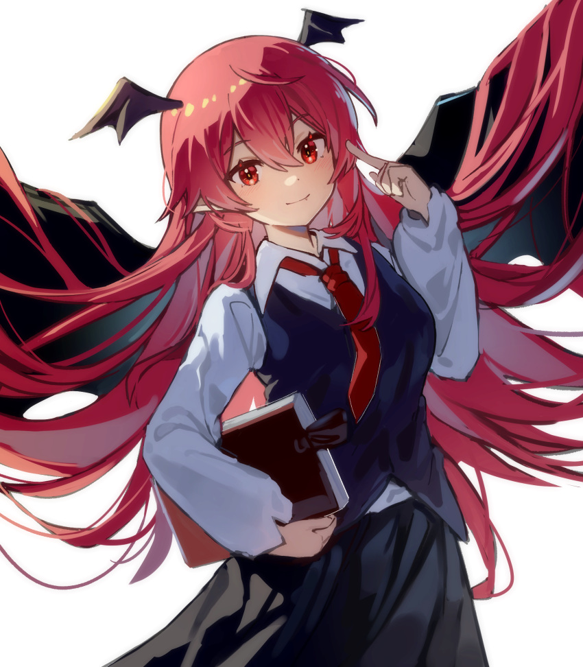 1girl bat_wings black_skirt black_vest book breasts closed_mouth cowboy_shot dot_nose fang fang_out floating_hair hair_between_eyes hair_flowing_over hand_up head_wings highres holding holding_book index_finger_raised koakuma light_blush light_smile long_hair long_sleeves looking_at_viewer maisuiren medium_breasts necktie red_eyes red_necktie redhead skirt skirt_set solo spread_wings touhou very_long_hair vest wing_collar wings