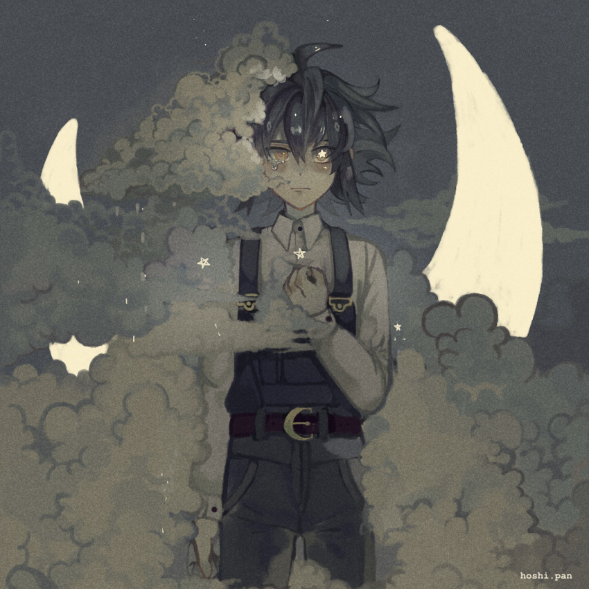 1boy ahoge artist_name belt black_belt blue_background blue_hair blue_overalls buttons chin clenched_hand closed_mouth clouds cloudy_sky collared_shirt commentary crescent_belt_buckle crying crying_with_eyes_open english_commentary frown hand_on_own_chest hoshi-pan light_blush long_sleeves male_focus messy_hair original overalls rain shirt short_hair sky solo star_(symbol) star_in_eye straight-on symbol_in_eye teardrop tears white_shirt yellow_eyes