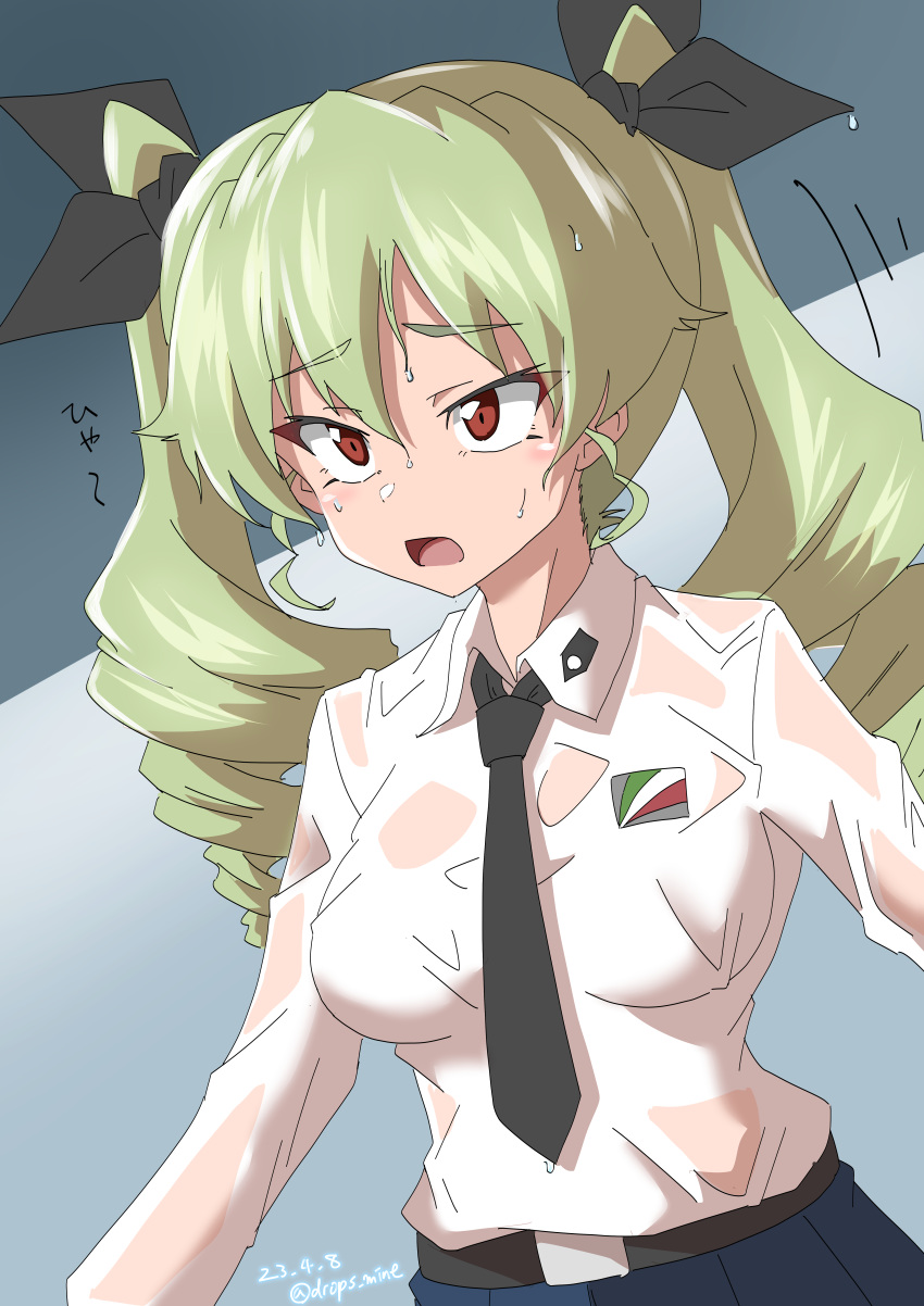 1girl absurdres anchovy_(girls_und_panzer) anzio_school_uniform belt black_belt black_necktie black_ribbon black_skirt brown_eyes commentary_request dated dress_shirt drill_hair drops_mint emblem frown girls_und_panzer green_hair hair_ribbon highres long_hair long_sleeves looking_to_the_side motion_lines necktie open_mouth pleated_skirt ribbon school_uniform see-through shirt skirt solo standing translated twin_drills twintails twitter_username wet wet_clothes wet_shirt white_shirt wing_collar