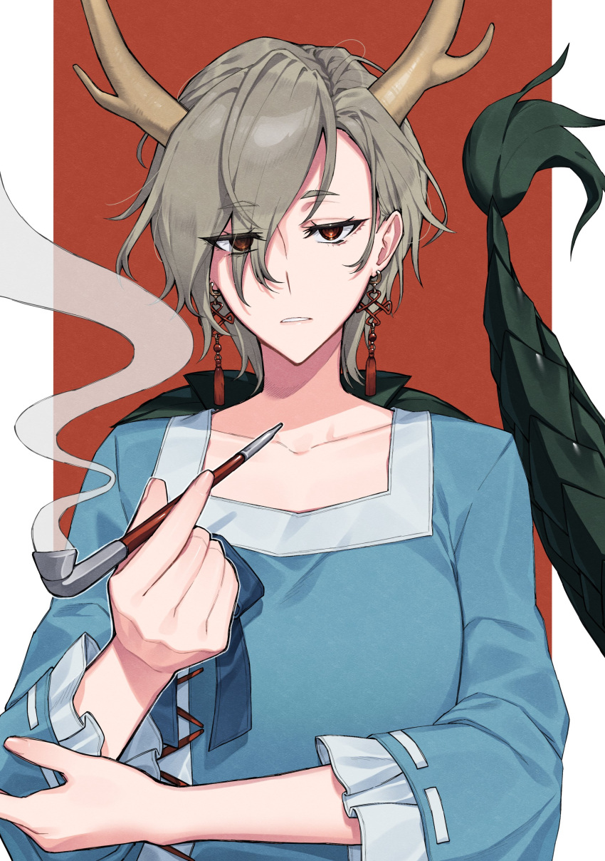 1girl absurdres blue_dress border commission dragon_girl dragon_horns dragon_tail dress grey_hair highres himadera holding holding_smoking_pipe horns kicchou_yachie long_sleeves looking_at_viewer red_background red_eyes skeb_commission smoke smoking_pipe solo tail touhou white_border