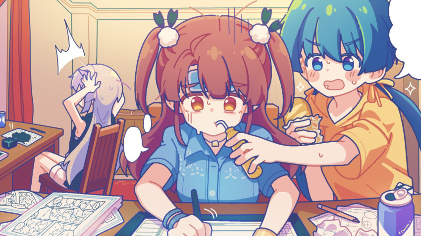 3girls arms_up bendy_straw black_shirt blank_speech_bubble blue_eyes blue_hair blue_shirt blush blush_stickers bottle bread breasts brown_eyes brown_hair can collared_shirt commentary curtains desk dress_shirt drinking_straw food grey_hair hair_between_eyes hair_ribbon hands_on_own_head highres holding holding_bottle holding_food hood hood_down hoodie idoly_pride indoors ink inkwell kabotd long_hair low_twintails medium_breasts multiple_girls okuyama_sumire on_chair open_mouth pencil ribbon shirt short_sleeves sitting sleeveless sleeveless_shirt speech_bubble spill suzumura_yuu sweat tendou_rui twintails two_side_up upper_body v-shaped_eyebrows very_long_hair yellow_hoodie yellow_ribbon