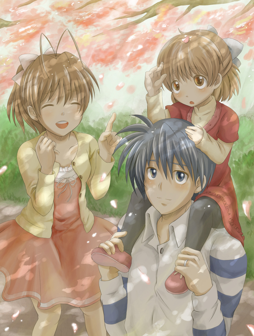 blue_eyes blue_hair brown_eyes brown_hair carrying cherry_blossoms clannad family furukawa_nagisa highres husband_and_wife jewelry miku_(mitty39) okazaki_tomoya okazaki_ushio petals ring shade short_hair shoulder_carry