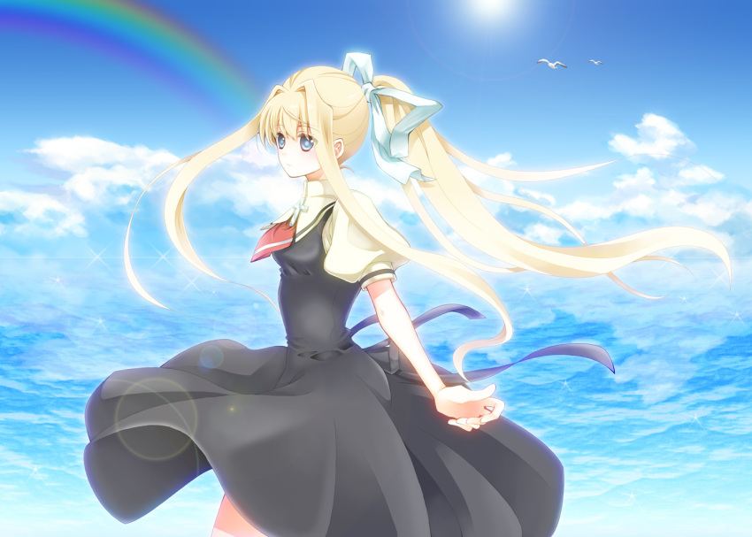 air bird blonde_hair blue_eyes kamio_misuzu kureno long_hair ponytail rainbow school_uniform seagull