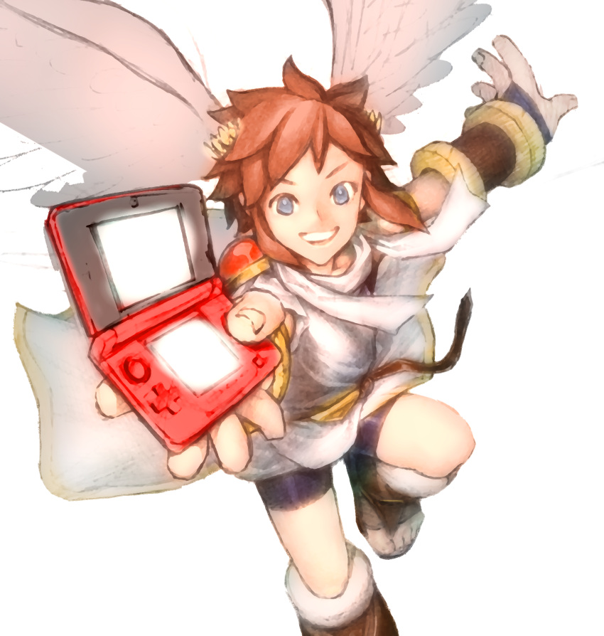 1boy angel angel_wings blue_eyes e3 highres kid_icarus male nintendo nintendo_3ds pit product_placement redhead short_hair wings