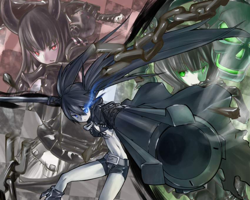 arm_cannon bikini_top black_dress black_gold_saw black_hair black_rock_shooter black_rock_shooter_(character) blue_eyes coat dead_master dress flat_chest fright_(artist) glowing glowing_eyes green_eyes long_hair midriff multiple_girls navel pale_skin red_eyes scar shorts skull smile strength_(black_rock_shooter) sword twintails very_long_hair weapon