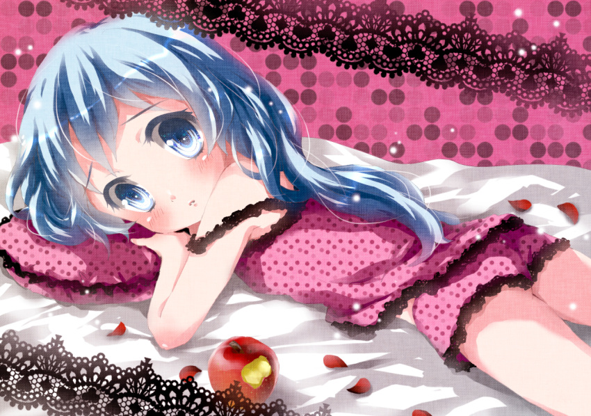apple blue_eyes blue_hair blush camisole child dots food fruit hatsune_miku lying on_stomach petals romeo_and_cinderella_(vocaloid) romeo_to_cinderella_(vocaloid) sleep_wear solo tottsuan vocaloid