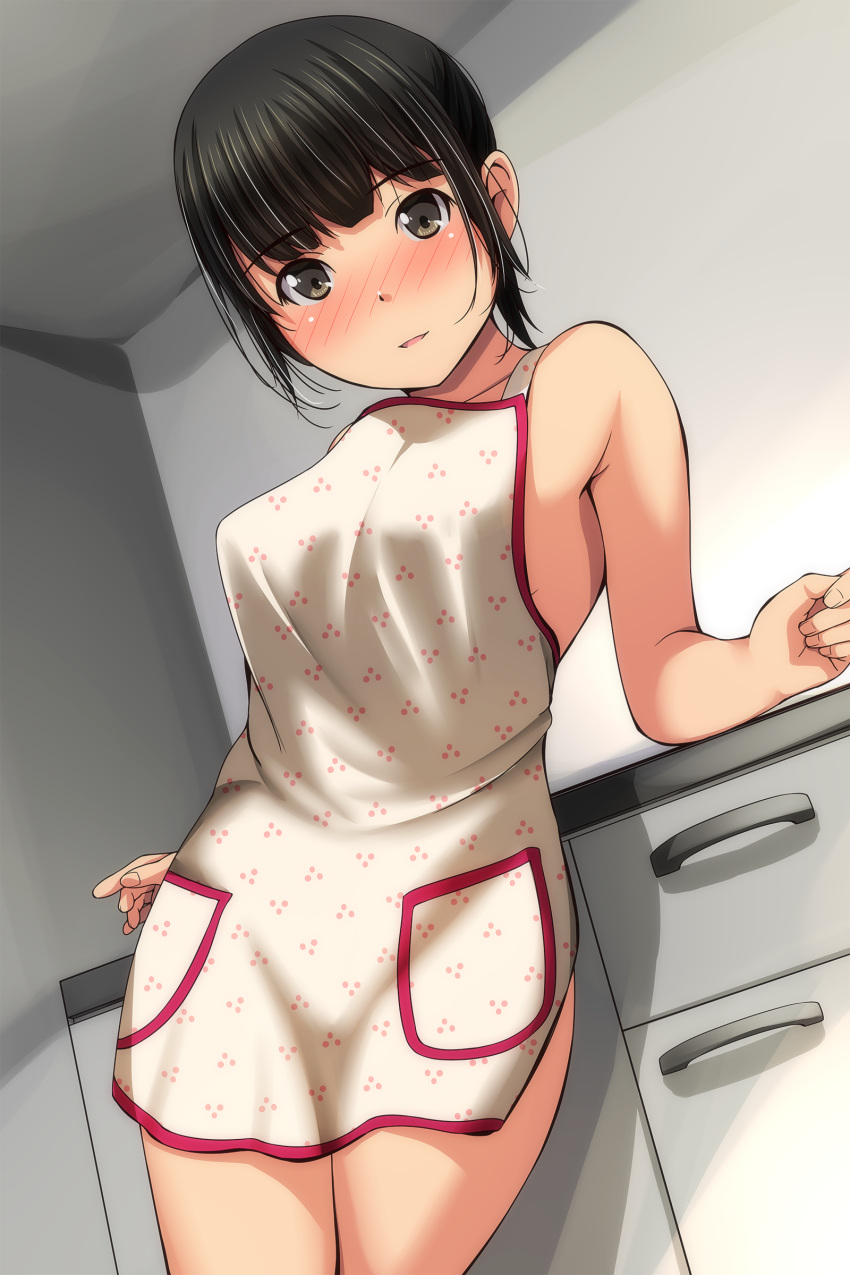 1girl absurdres apron bare_arms bare_shoulders black_hair blush breasts brown_eyes collarbone highres indoors looking_at_viewer matsunaga_kouyou medium_breasts naked_apron nose_blush original parted_lips sidelocks smile solo white_apron