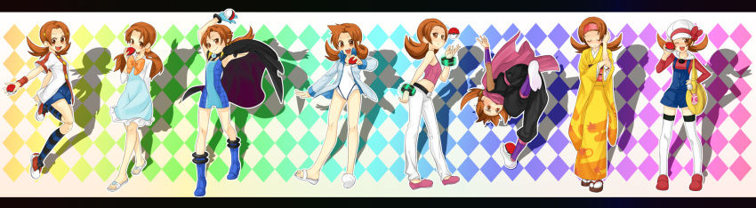 1girl alternate_hairstyle brown_hair cameo clair_(pokemon) clair_(pokemon)_(cosplay) cosplay different_shadow erika_(pokemon) erika_(pokemon)_(cosplay) holding holding_poke_ball janine_(pokemon) janine_(pokemon)_(cosplay) jasmine_(pokemon) jasmine_(pokemon)_(cosplay) kris_(pokemon) legs lyra_(pokemon) misty_(pokemon) misty_(pokemon)_(cosplay) nintendo poke_ball poke_ball_(basic) pokegear pokemon pokemon_(game) pokemon_hgss rainbow_background sabrina_(pokemon) sabrina_(pokemon)_(cosplay) saku_(pixiv526117) shadow thighhighs twintails when_you_see_it whitney_(pokemon) whitney_(pokemon)_(cosplay) zettai_ryouiki