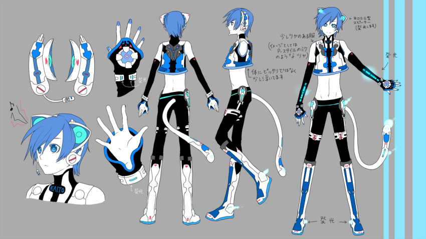 boots cat_ears cat_tail concept_art detached_sleeves headphones kaito male maroyan midriff neko_cyber project_diva project_diva_2nd tail translation_request vocaloid