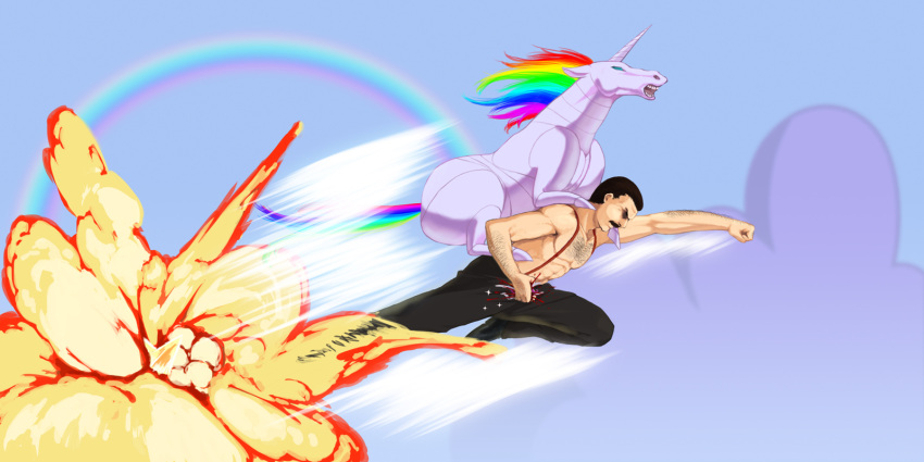 crossover drawfag epic explosion fabulous facial_hair freddie_mercury highres male manly mustache queen_(band) riding robot robot_unicorn_attack role_reversal sakigake!!_cromartie_koukou shirtless suspenders unicorn