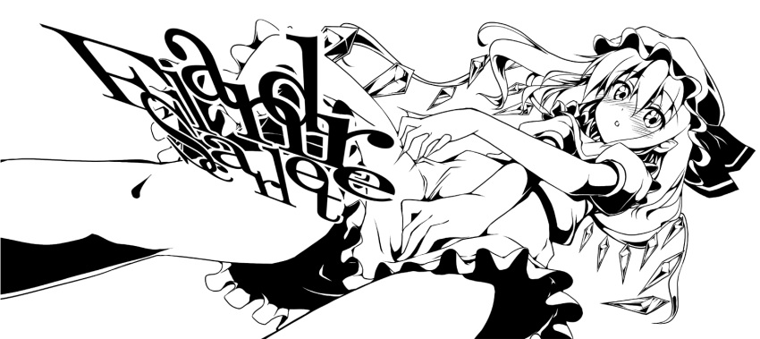 covering covering_crotch flandre_scarlet from_below hands hat highres monochrome piromizu pointy_ears skirt touhou wings x_arms