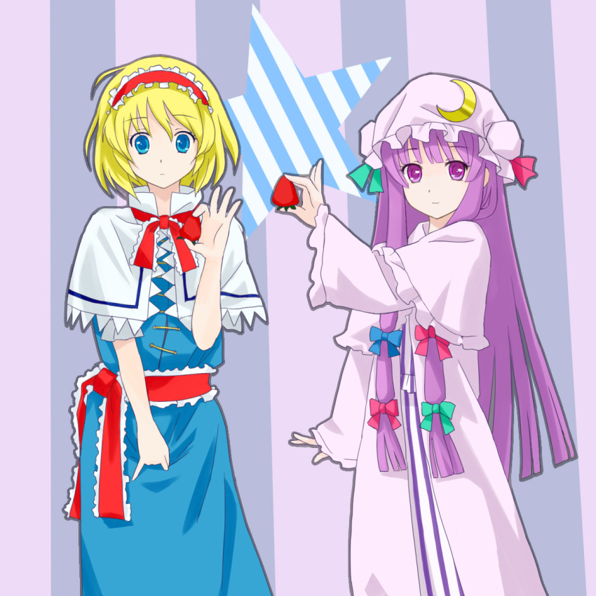 alice_margatroid blonde_hair blue_eyes bow capelet crescent dress food fruit hair_bow hairband hat highres holding holding_fruit k-on! listen!! long_hair multiple_girls parody patchouli_knowledge pinky_out purple_eyes purple_hair short_hair smile star strawberry touhou tucana violet_eyes