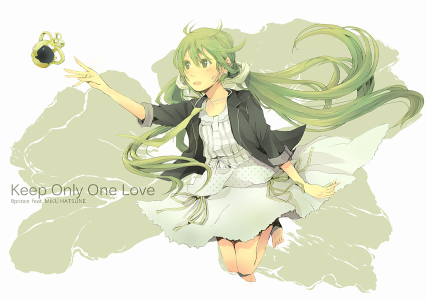 bangs barefoot blush casual crown dress earrings green_eyes green_hair hairdressing hatsune_miku jacket jewelry keep_only_one_love_(vocaloid) long_hair necktie open_mouth reaching ribbon short_dress simple_background sleeves_rolled_up solo twintails very_long_hair vocaloid white_dress yoshito