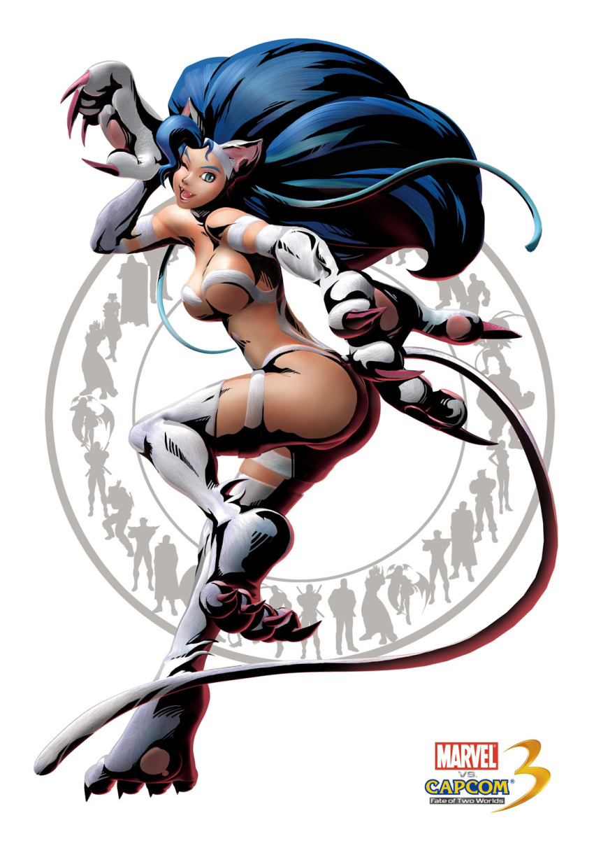 ass big_hair blue_eyes breasts capcom cat_ears cat_tail claws fangs felicia fur green_eyes highres large_breasts long_hair marvel marvel_vs._capcom marvel_vs._capcom_3 marvel_vs_capcom monster_girl official_art open_mouth outstretched_hand pointy_ears resident_evil resident_evil_5 shinkiro slit_pupils standing_on_one_leg tail vampire_(game) wink